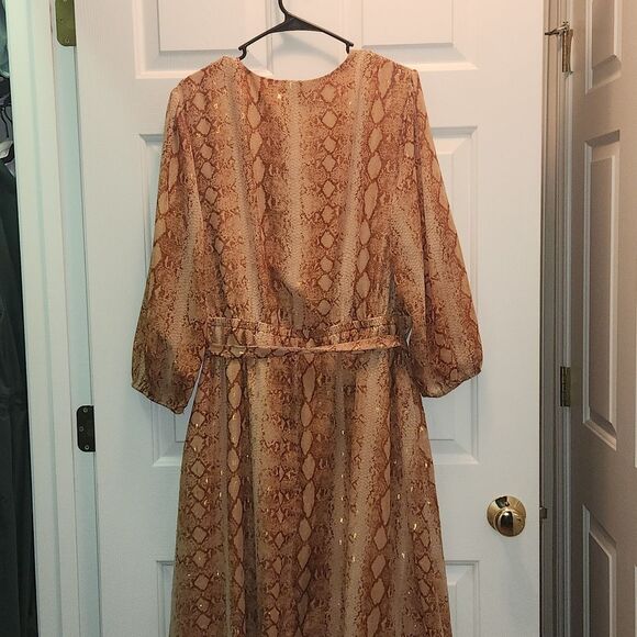 Lane Bryant Faux Wrap Belted Animal Print Dress 16 Python Snake Midi Gold Brown - Picture 4 of 5